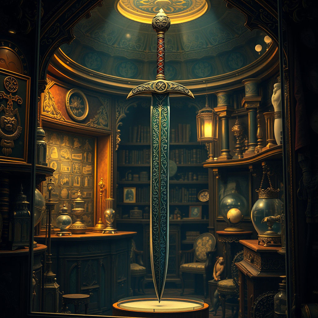 Majestic Sword Suspended in Mystical Curio Shop