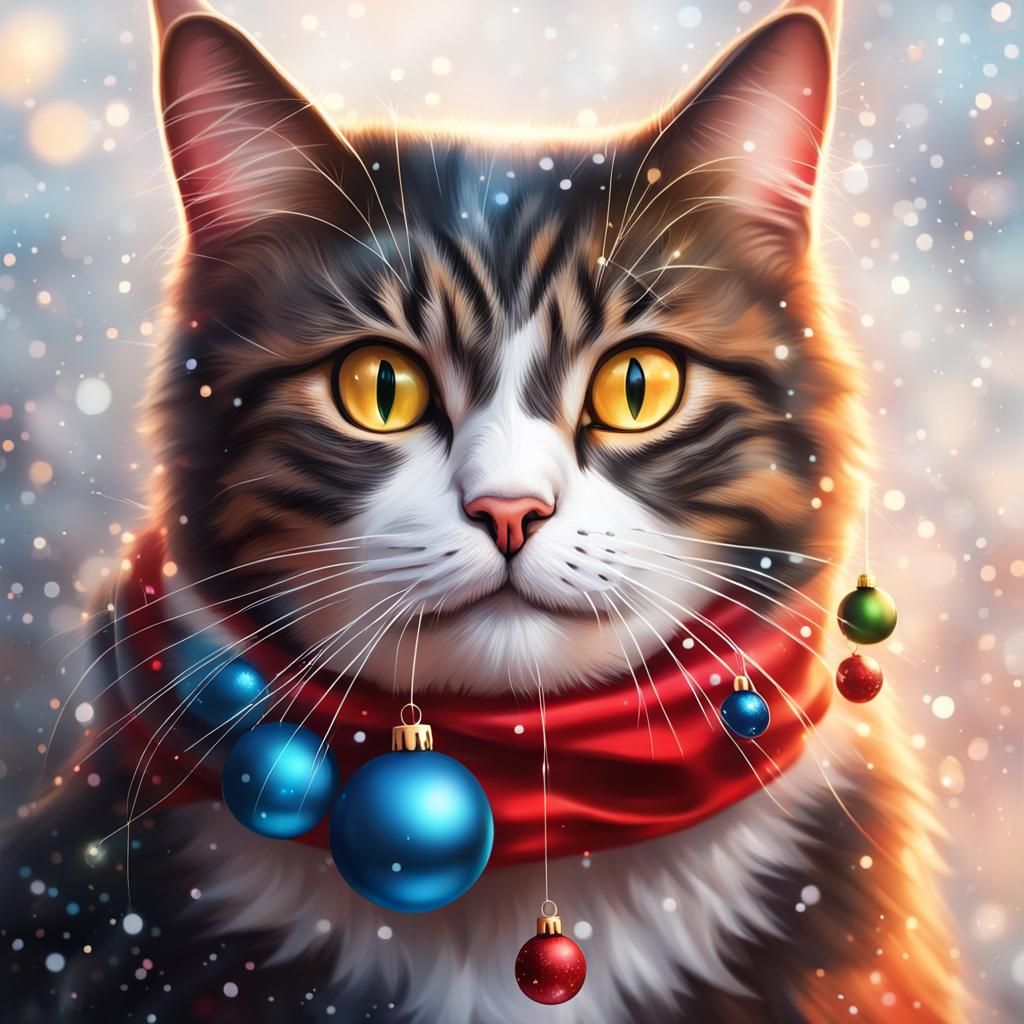 Festive Christmas Cat in Hyperrealistic Style