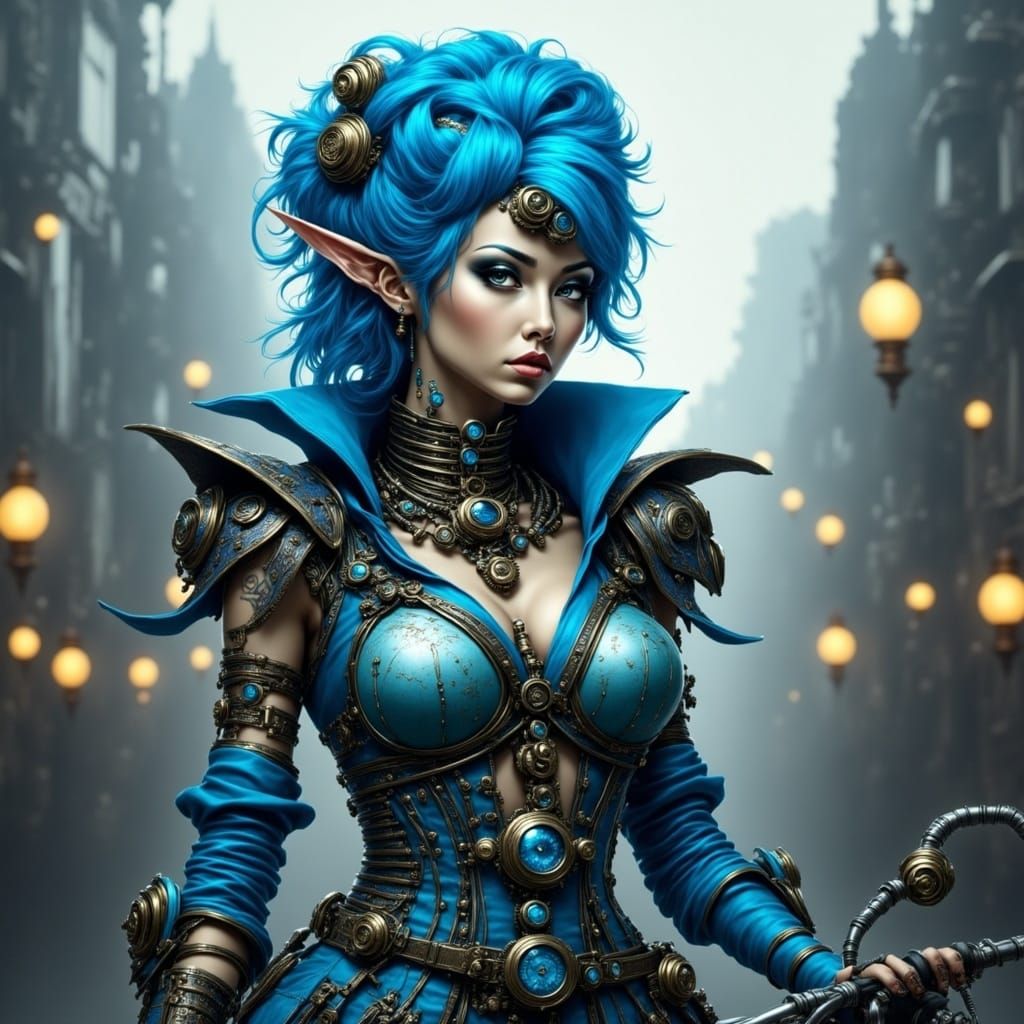 Steampunk Elf Portrait with Scooter and Cityscape