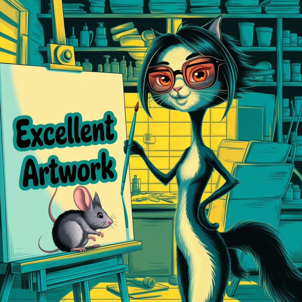 In a warmly lit art studio filled with scattered paint supplies and shelves brimming with art materials, a charming anth...