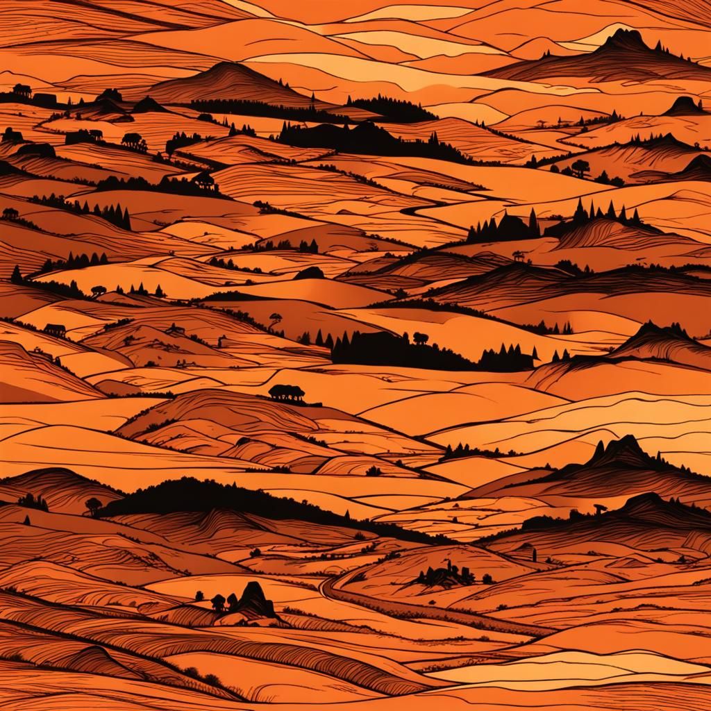 Orange Landscape with Silhouetted Hills and Towns