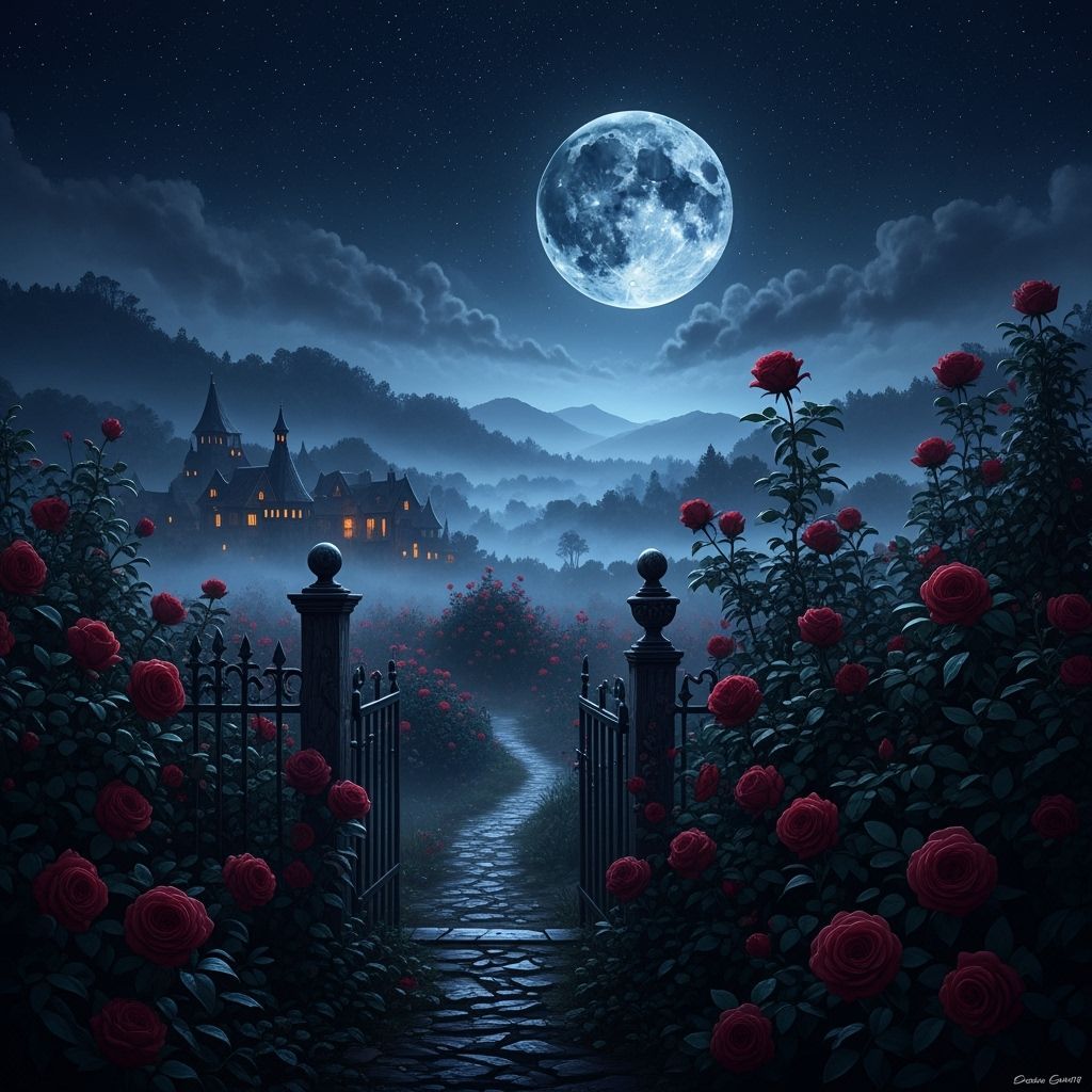 Eerie Indigo Rose Garden Under Blood Moon