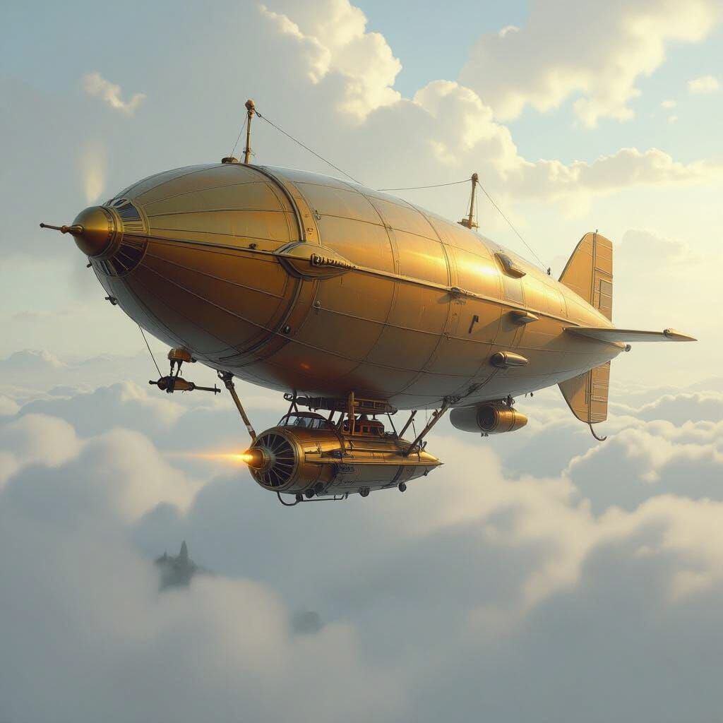 Airship Soaring Through Misty Skies in Syd Mead Style
