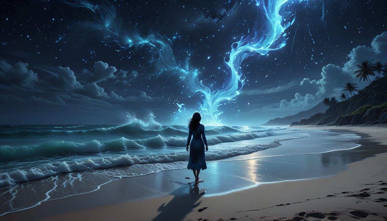 Bioluminescent Waves Crash on Starry Night Beach