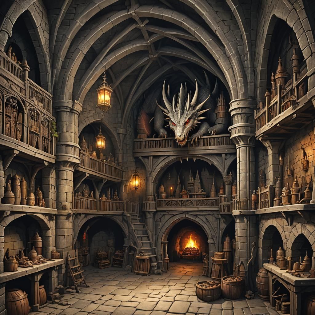 Medieval Dragon Lair with Gold Treasure