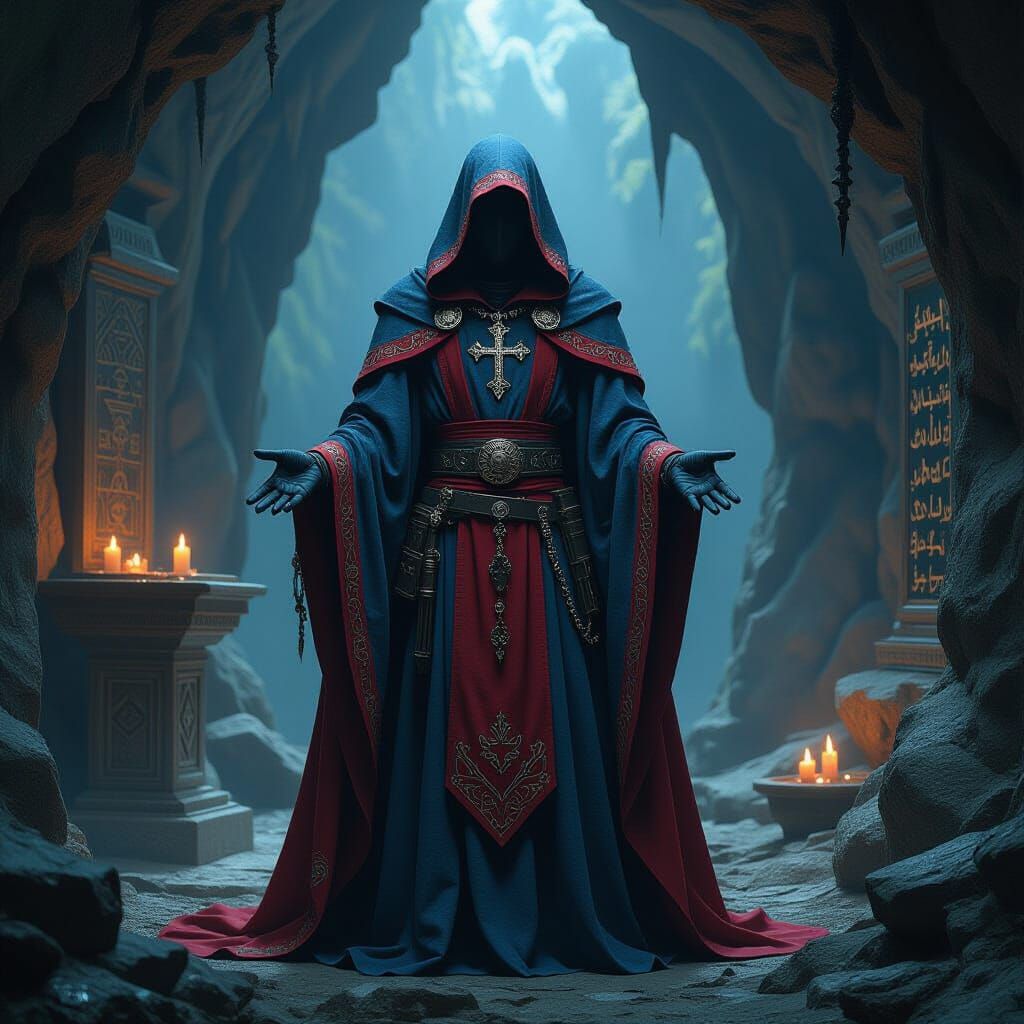 Dark Templar Cleric in Mystical Cave, Digital Art
