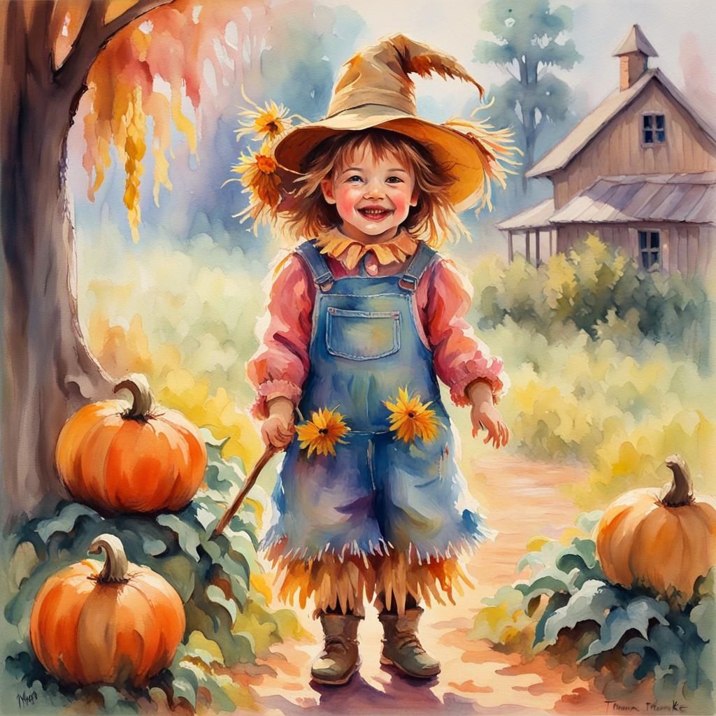 Happy Toddler Scarecrow in Impressionist Gouache Style