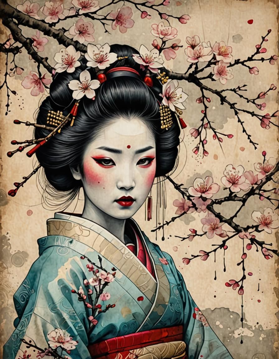 Surprised Geisha in Surreal Ink Splash Art