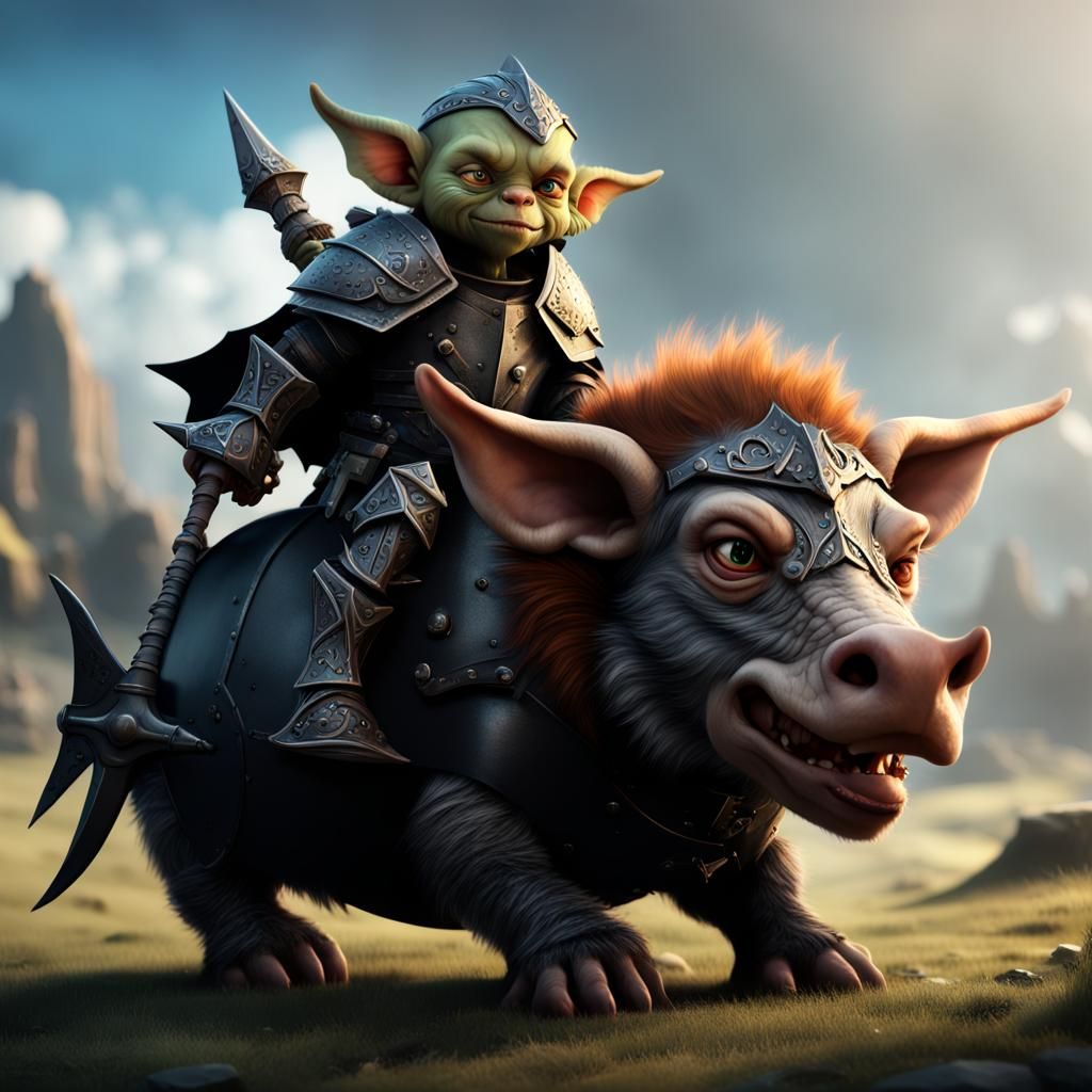 Goblin Knight Rides Armored Boar: Fantasy Concept Art