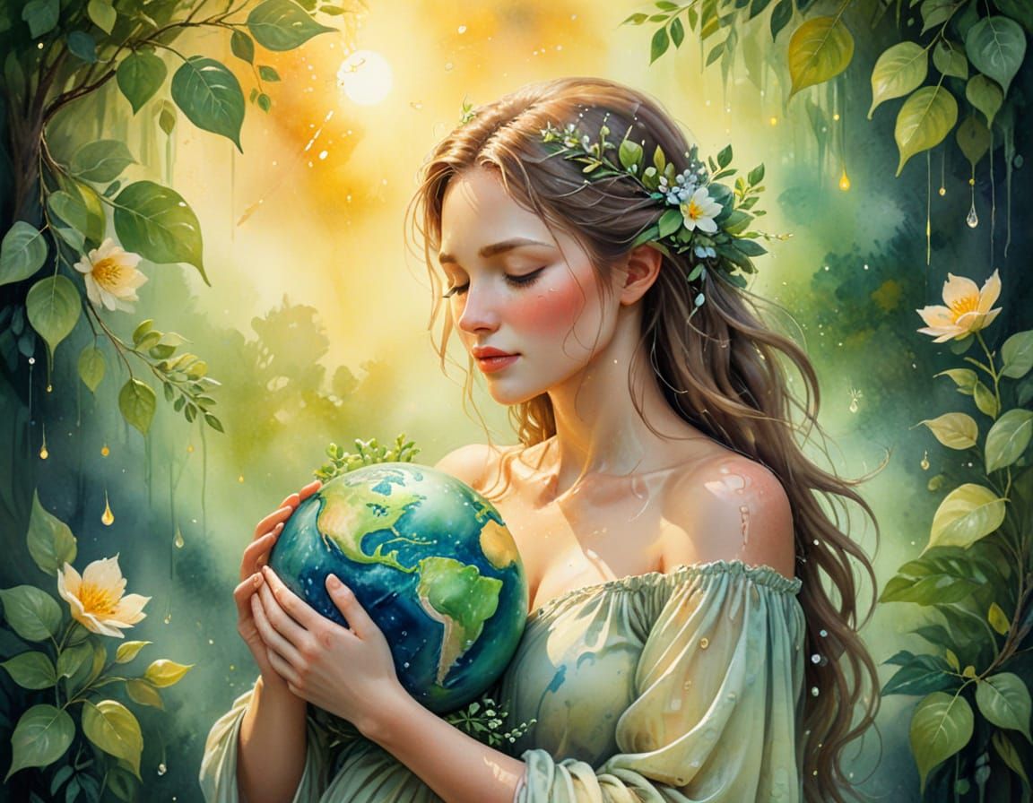 Mother Nature Cradles Earth: Dreamy Watercolor Painting