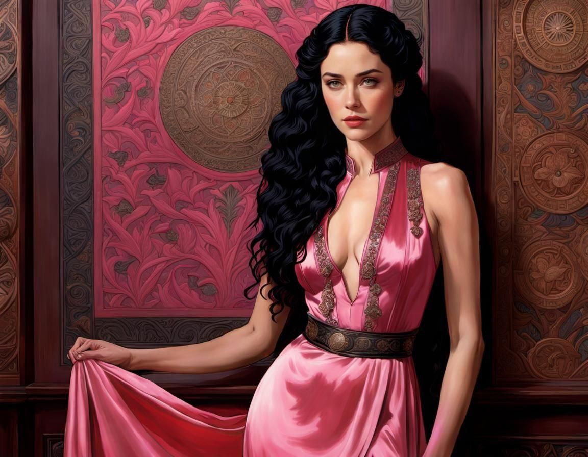 Woman in Pink Silk Dress, Illustrated Style