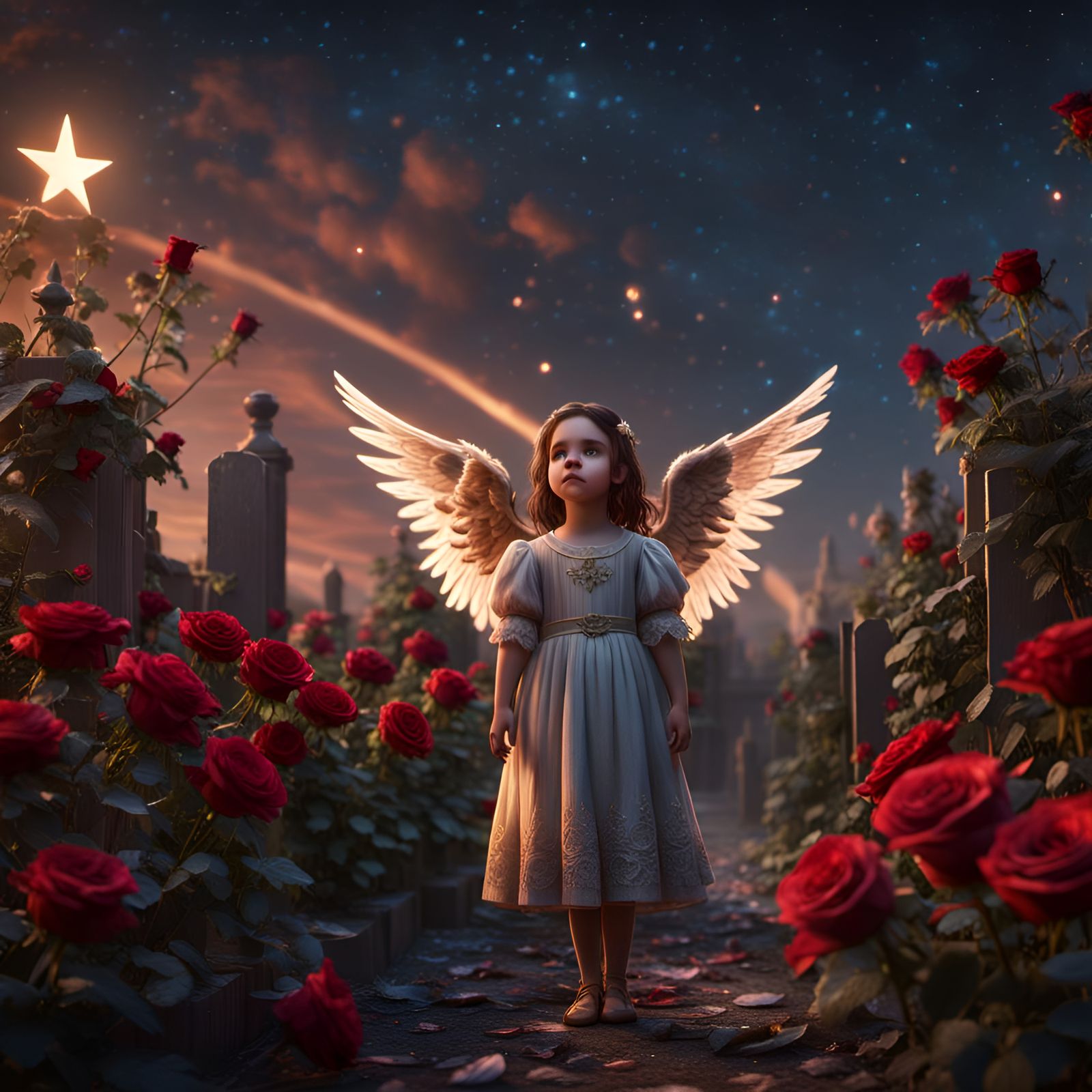 Angelic Child in Starry Rose Garden: Fantasy Art
