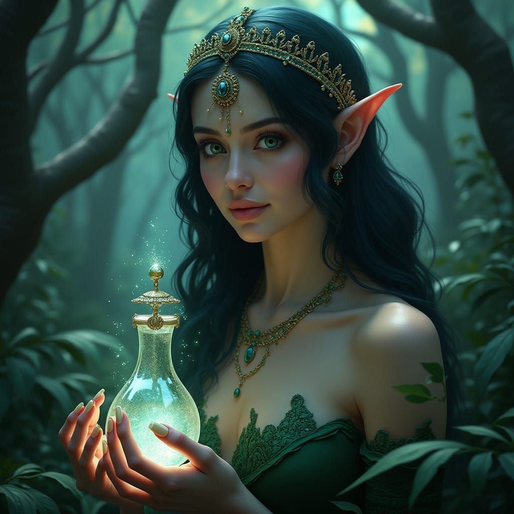 Ethereal Elven Queen in Moonlit Forest Portrait
