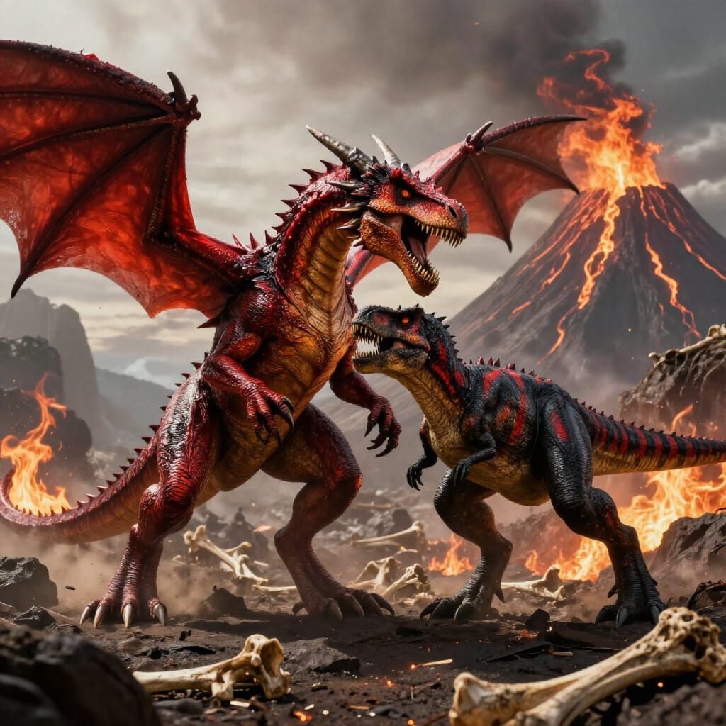 Dragon vs T-Rex Battle in Volcanic Landscape