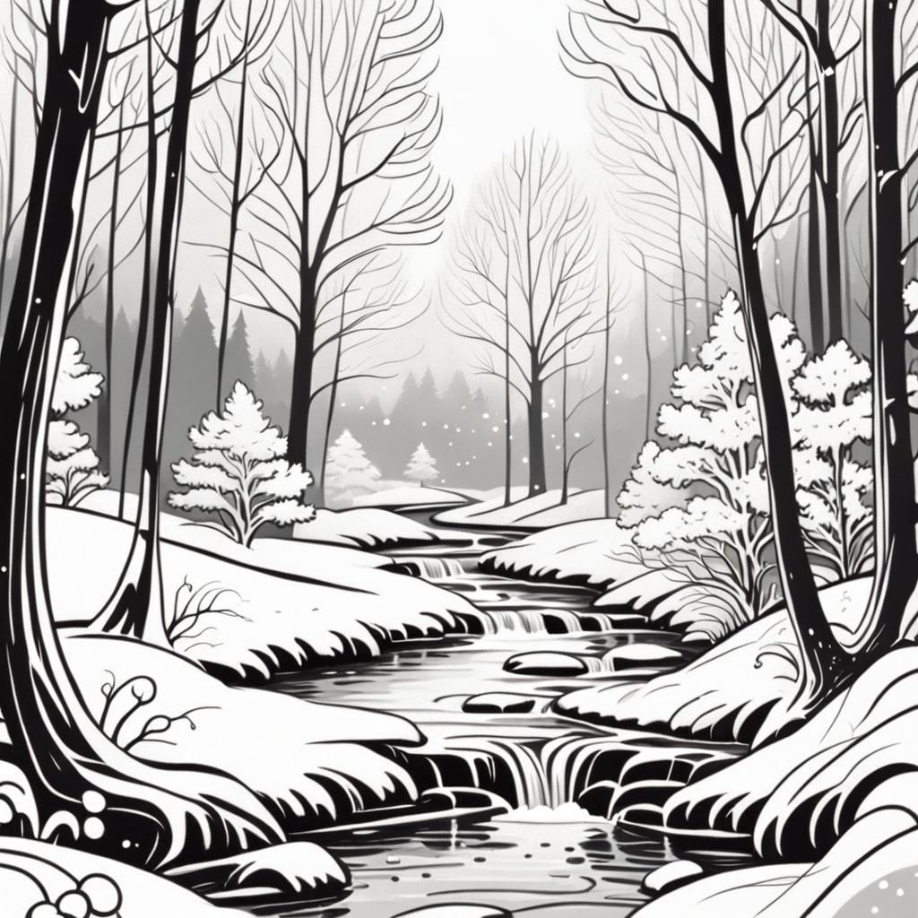 Winter Forest River in Monochromatic Digital Art
