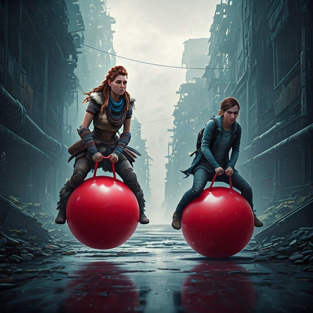 Aloy and Ellie on Space Hoppers in Abandoned City