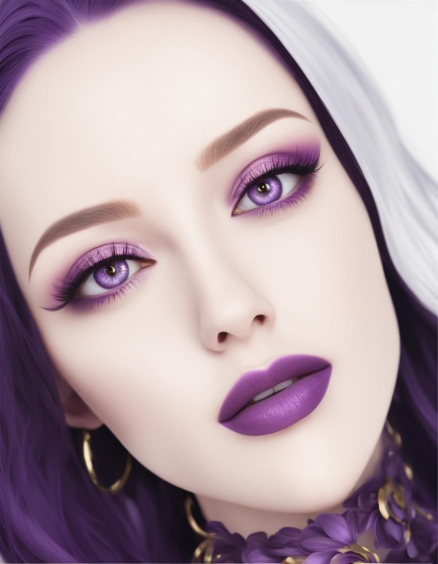 Beautiful young lady with dark purple hair and purple eyes with Mulberry purple eyeshadow with plum purple eyeliner and ...