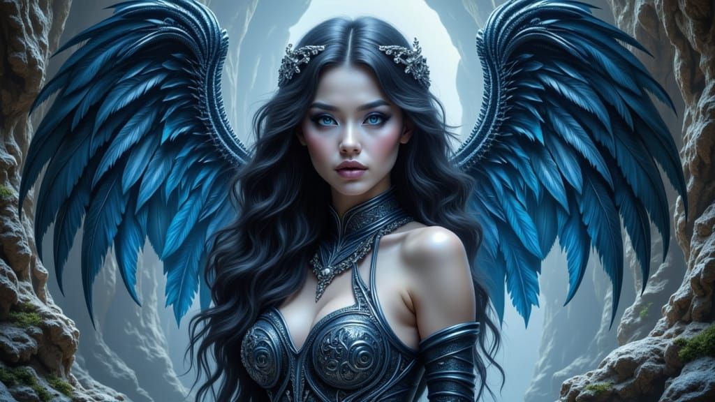 Dark Angel Amidst Glimmering Crystals