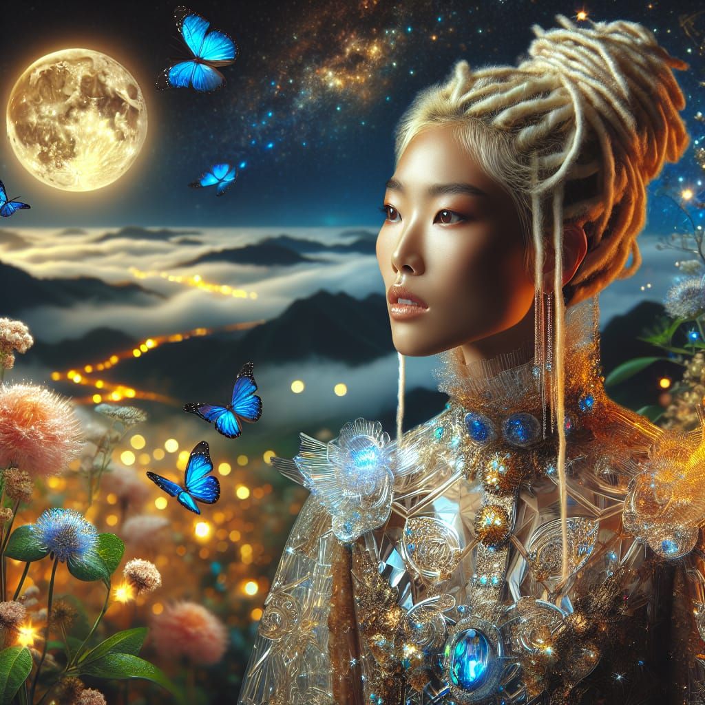 Close up portrait of a beautiful blond dreatlocks woman  wearing an intricate transparent glass dress and glowing transp...