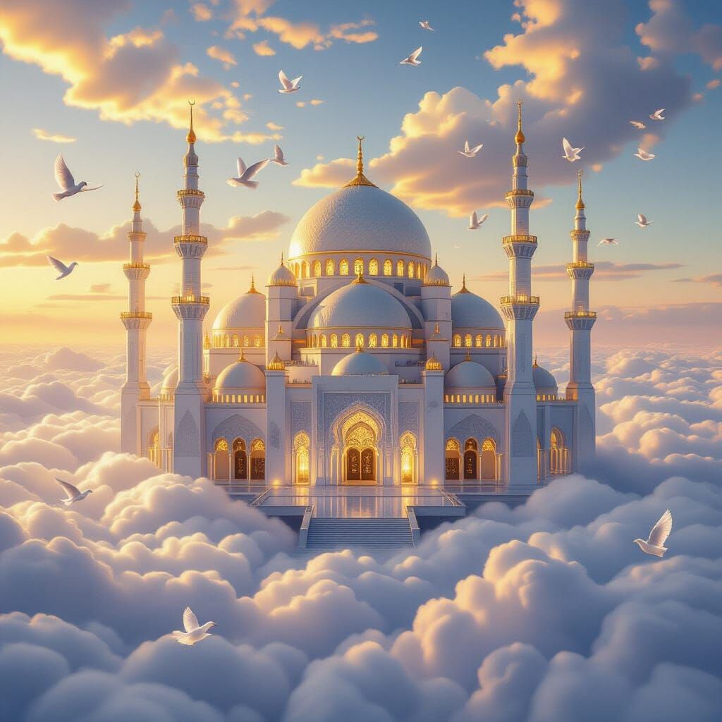 Crystal Mosque Floating in Clouds, Golden Luminescence