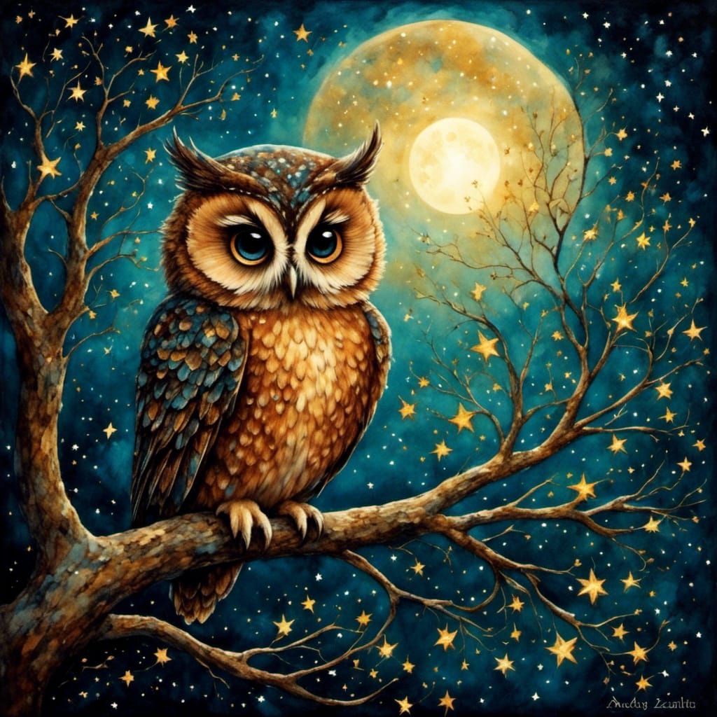 Adorable Owl Watching a Shooting Star