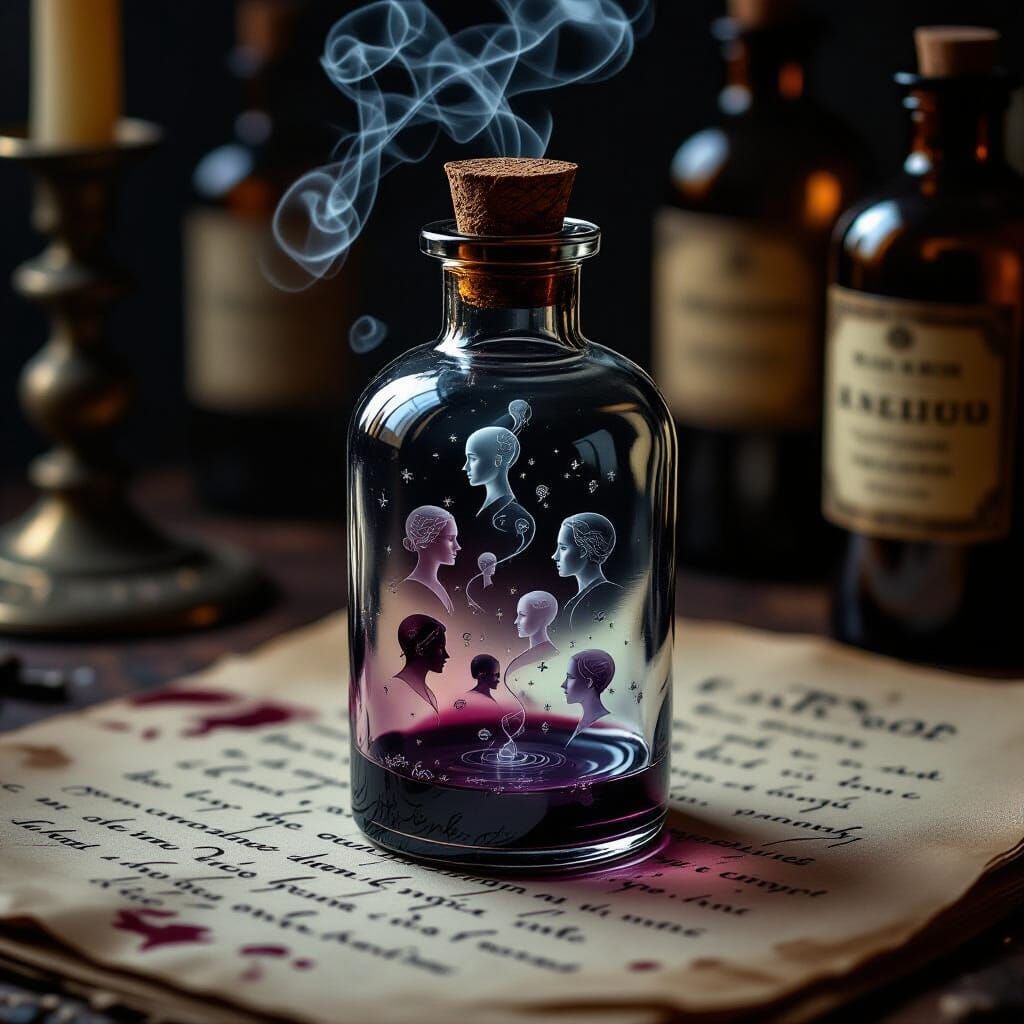 Cracked Vial of Smoky Ink with Ghostly Faces