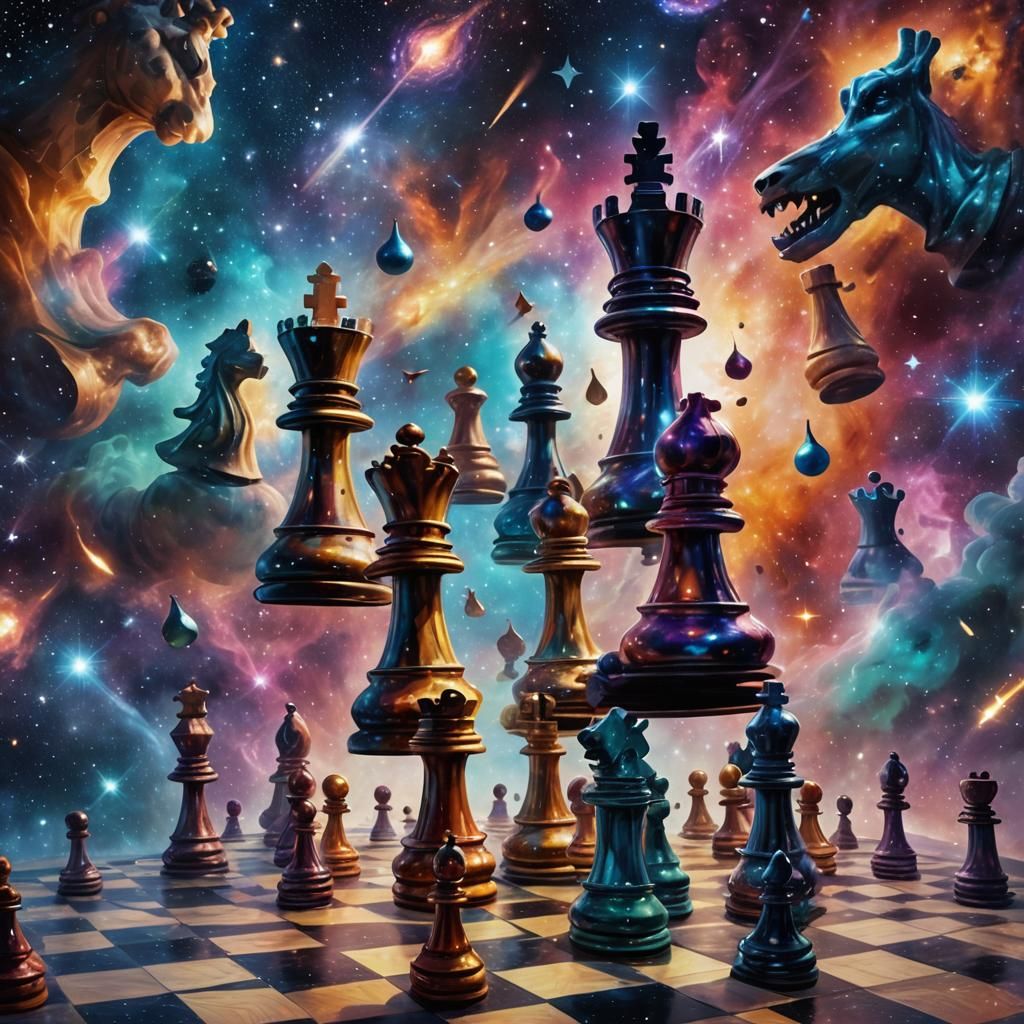 Cosmic Chess Battle in Surreal Astral Landscape