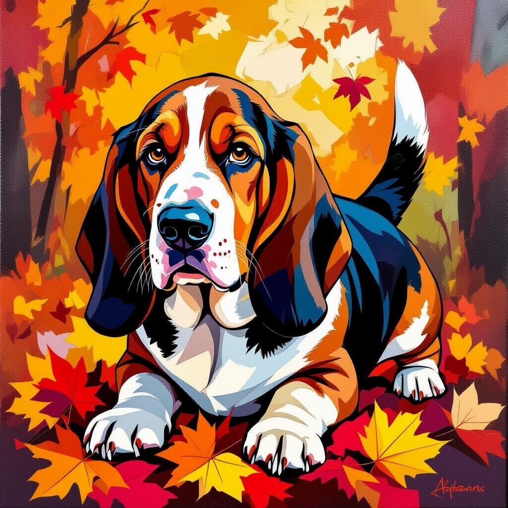 Basset Hound Playing in Autumn Leaves
