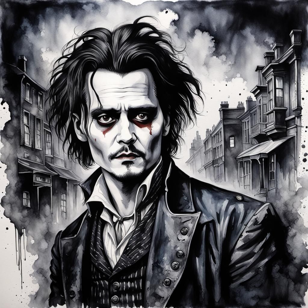 Johnny Depp as Sweeney Todd: Moody Watercolor Portrait