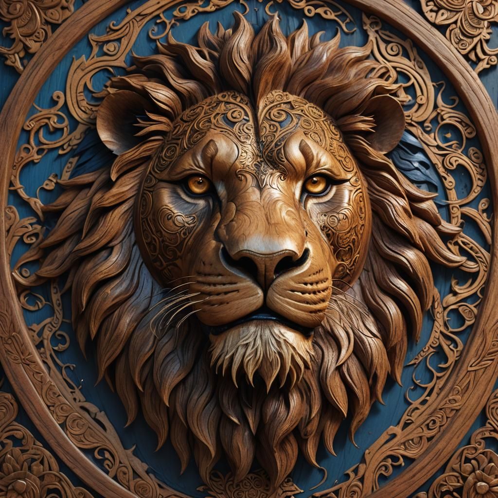 Sandalwood Lion Face Carving in Fantasy Art Style
