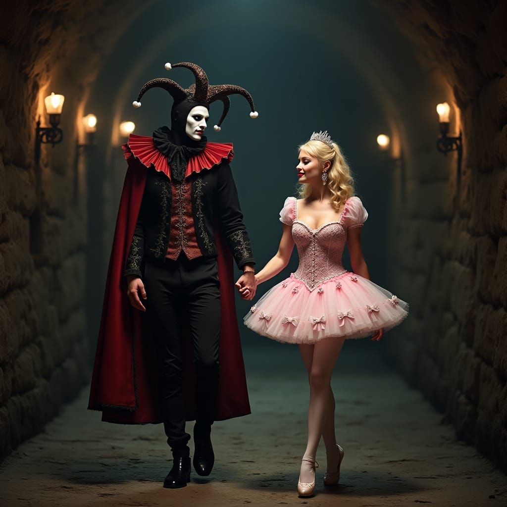Jester and Princess in Dark Dungeon Setting