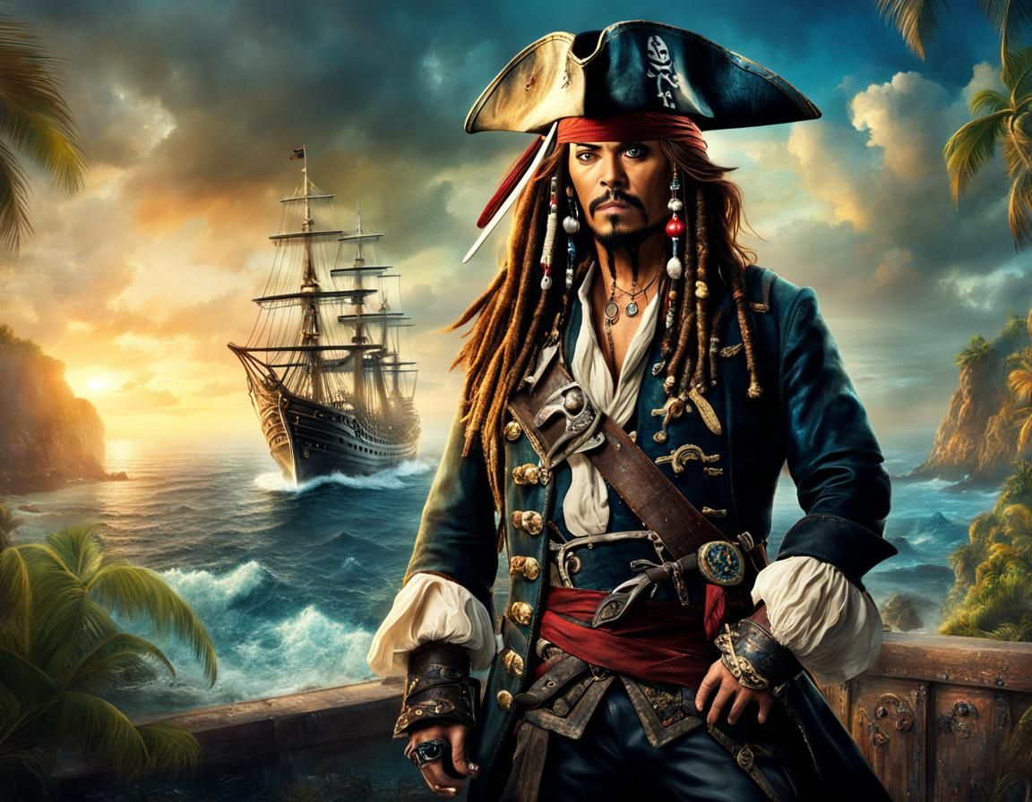 Anthropomorphic Cat as Jack Sparrow on the Sea