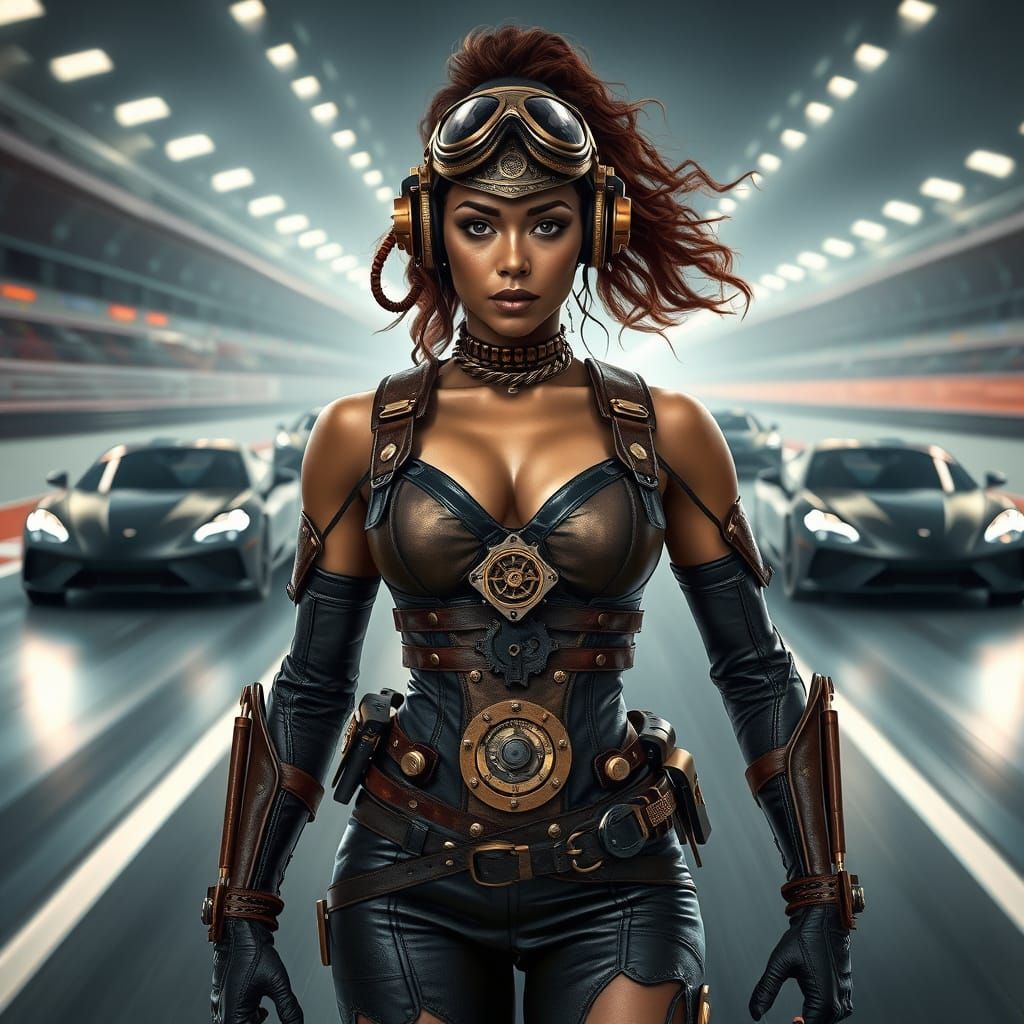 Tan Steampunk Superhero Dominates Modern Racetrack in Detail...