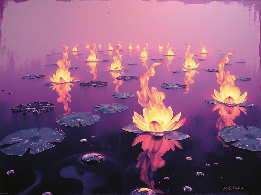 Surreal Flames Dance on Violet Lake in Matte Background