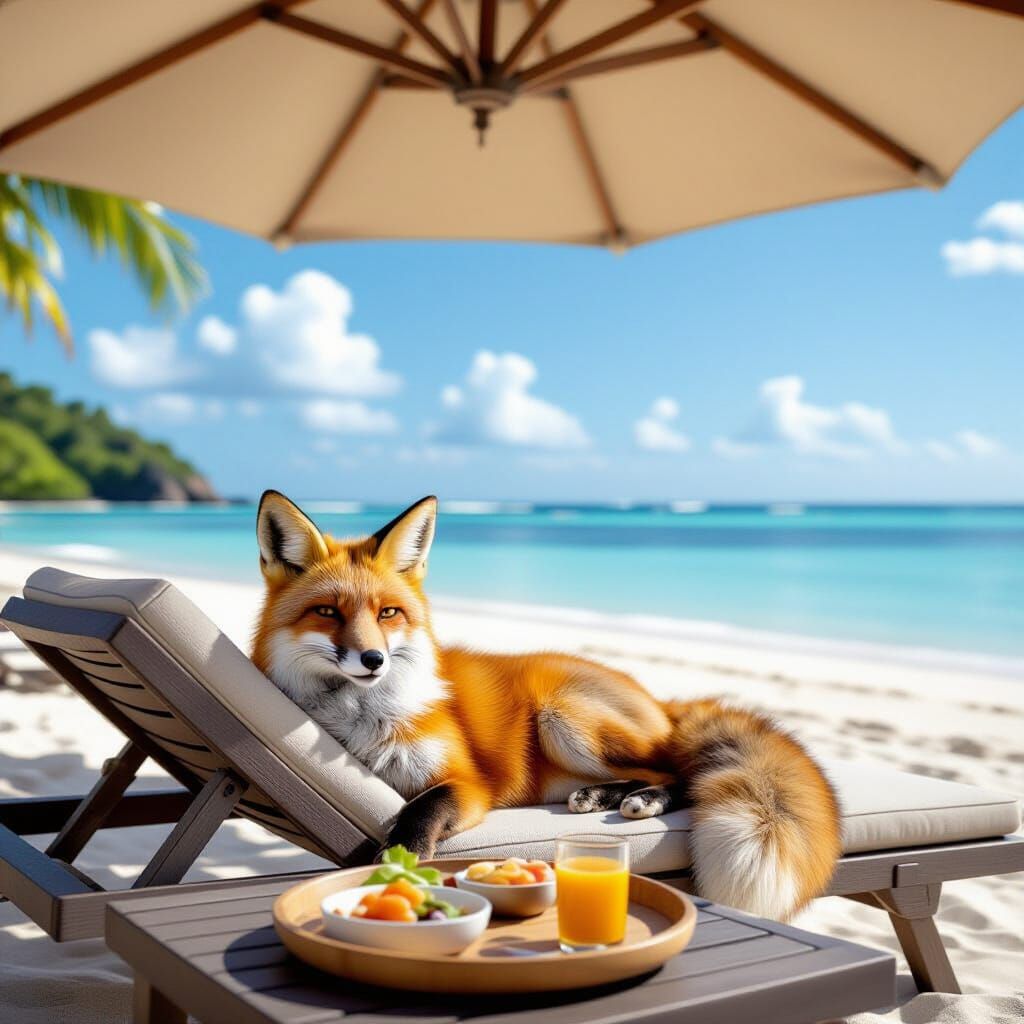 Fox Lounging on Beach Under Umbrella
