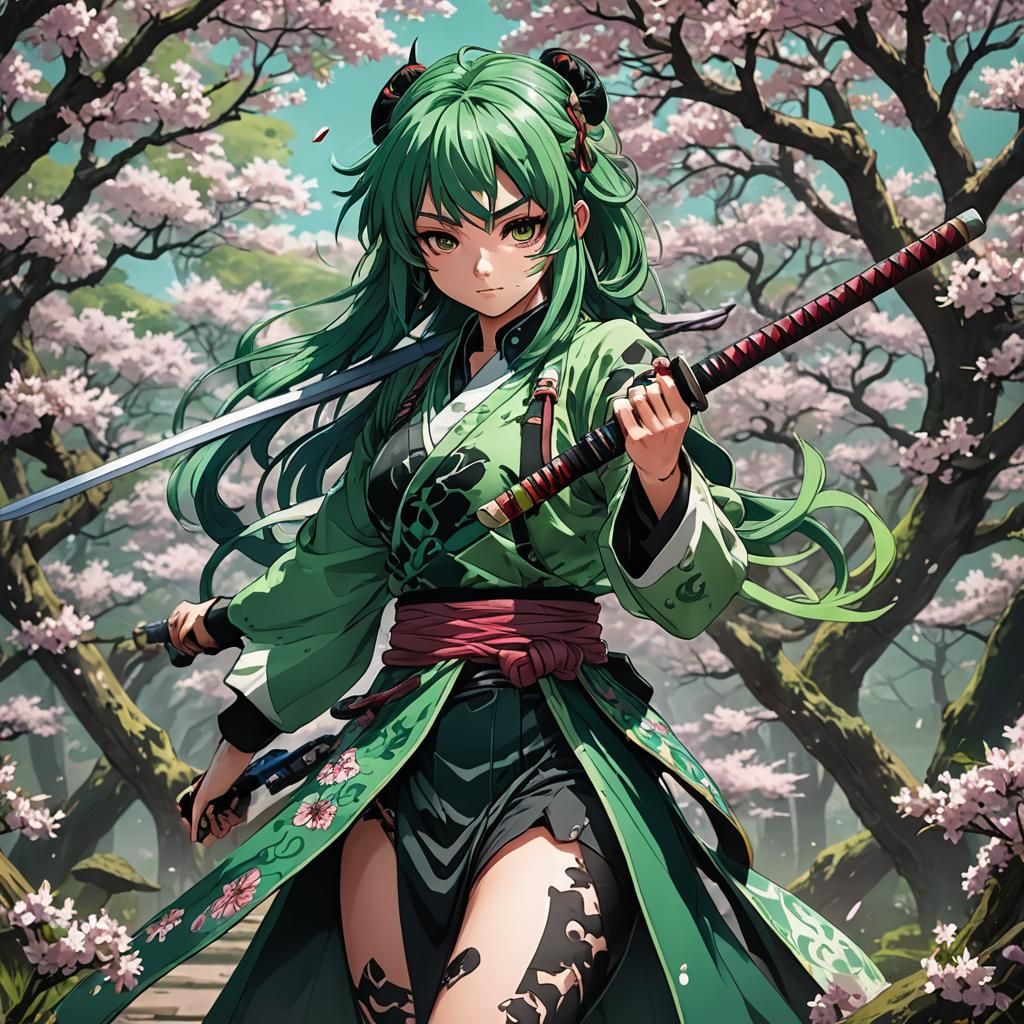 Green-Haired Demon Slayer in Studio Trigger Anime Style
