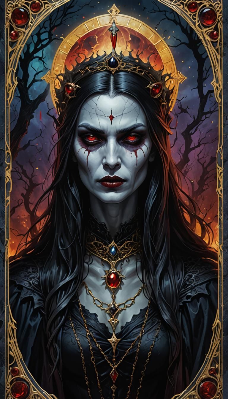 Vampire High Priestess Tarot Card in Hyperrealistic Style