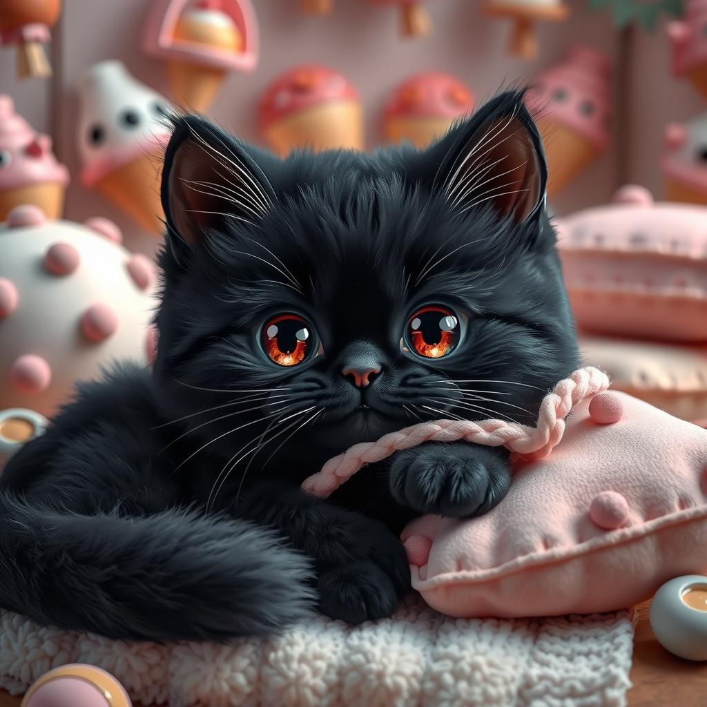 Adorable Black Cat with Sweets in Pastel Colors