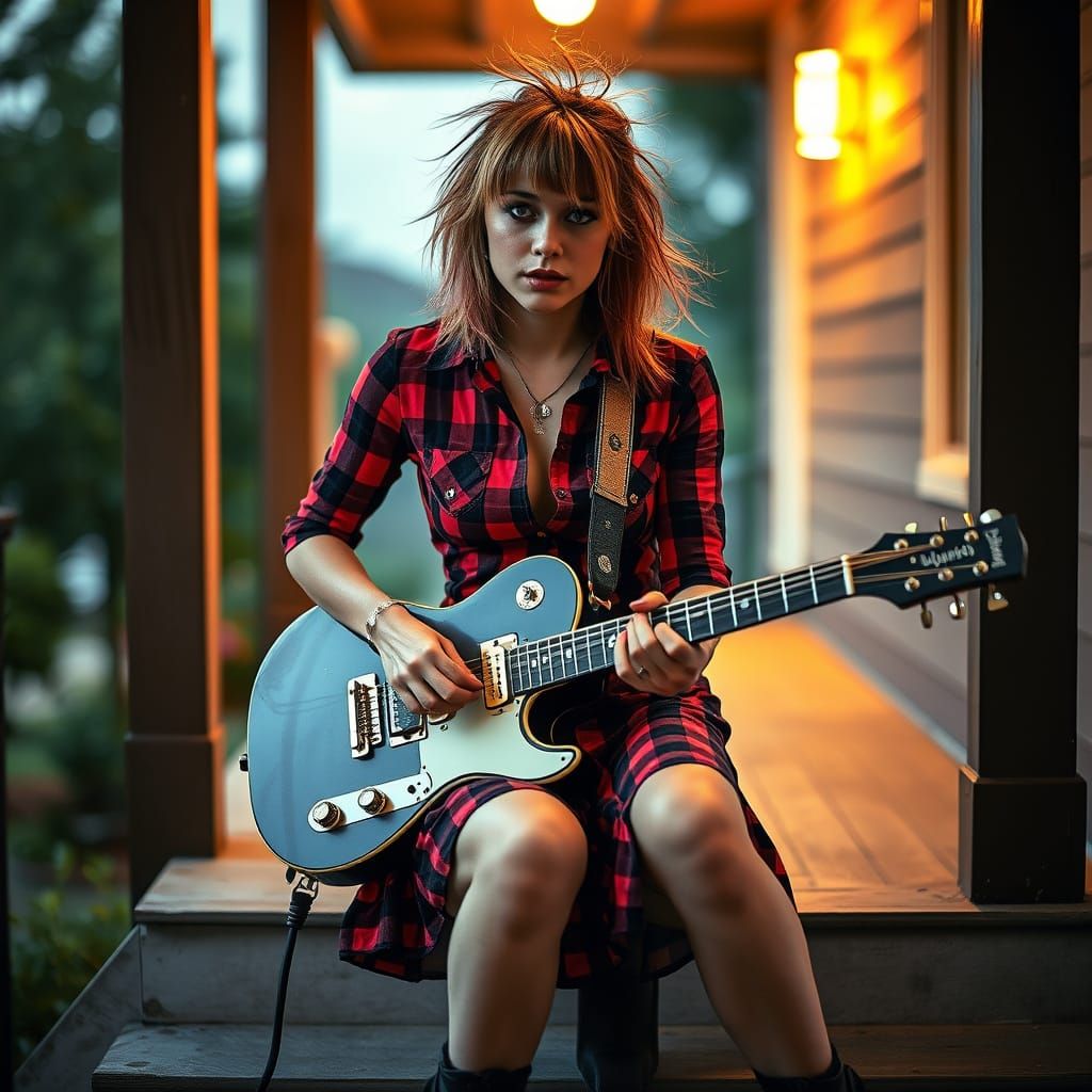 Punk Rock Woman with Guitar in Hyperrealistic Style