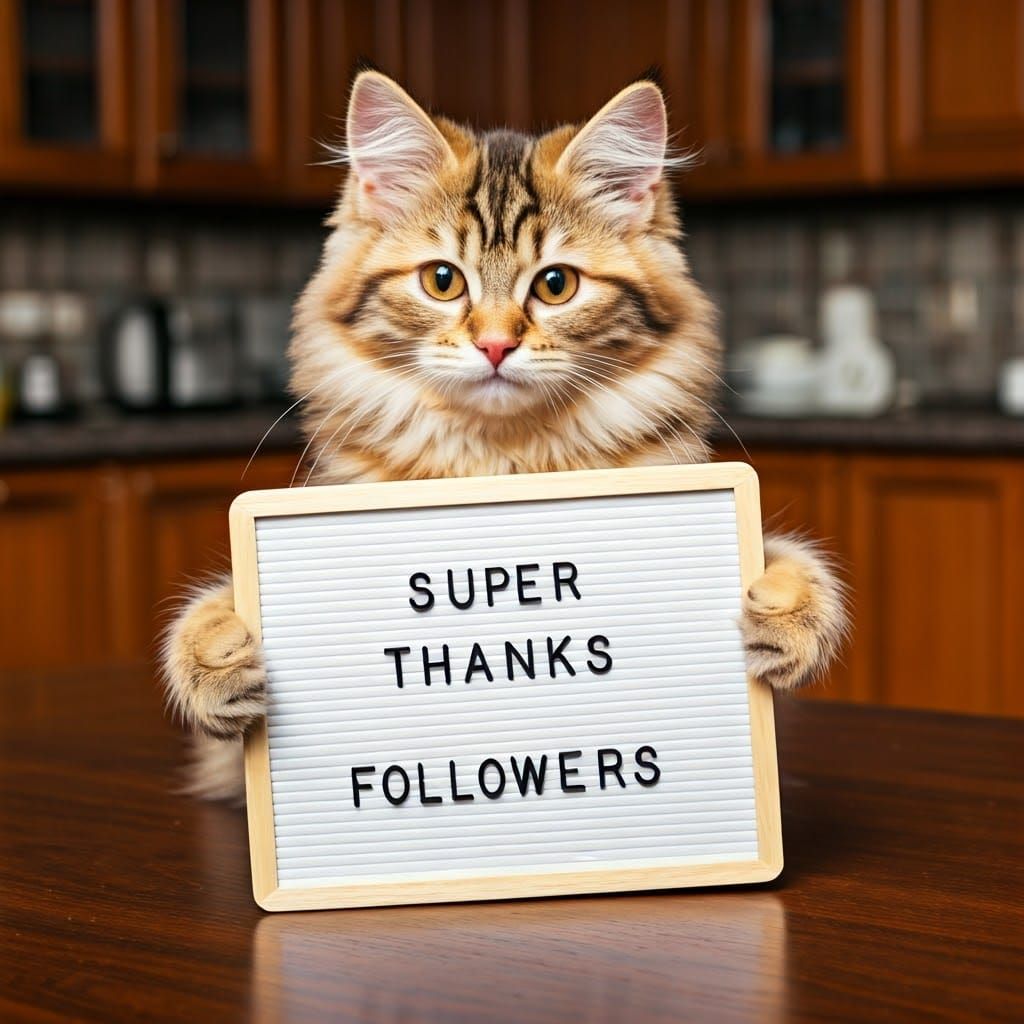 Fluffy Kitten Holding Sign on Kitchen Table