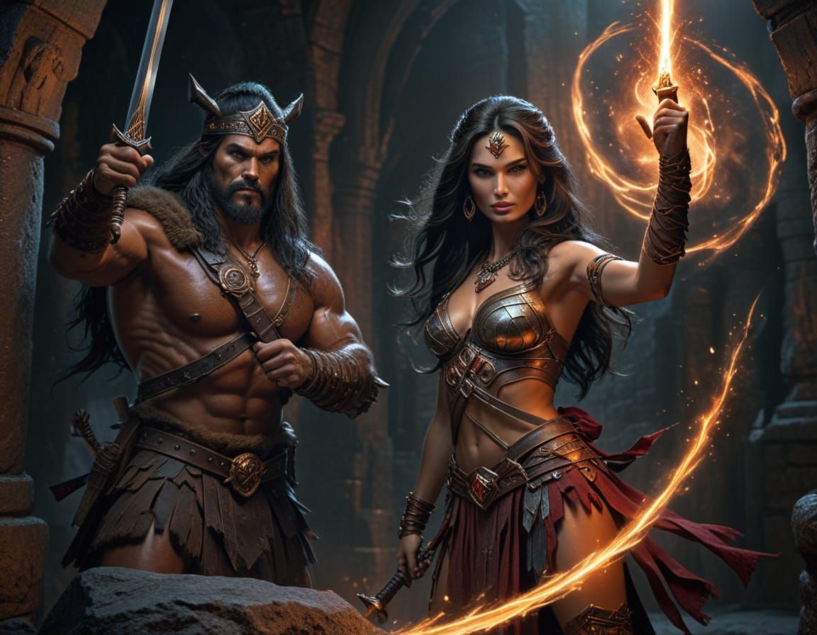 Bronze Age Sorceress and Swordsman in Dungeon