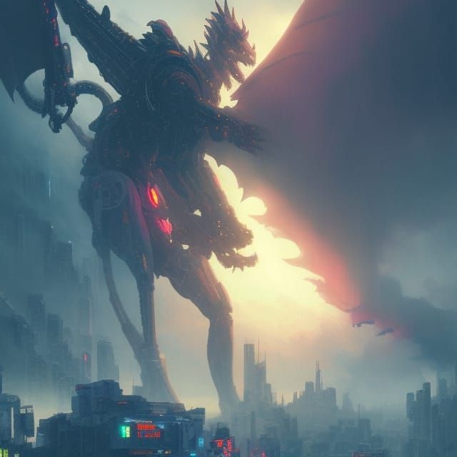 Cyberpunk Robot Dragon-Wolf in Ethereal Mist