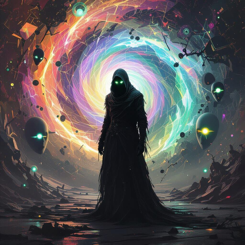 Surreal Figure Silhouetted Against Iridescent Vortex