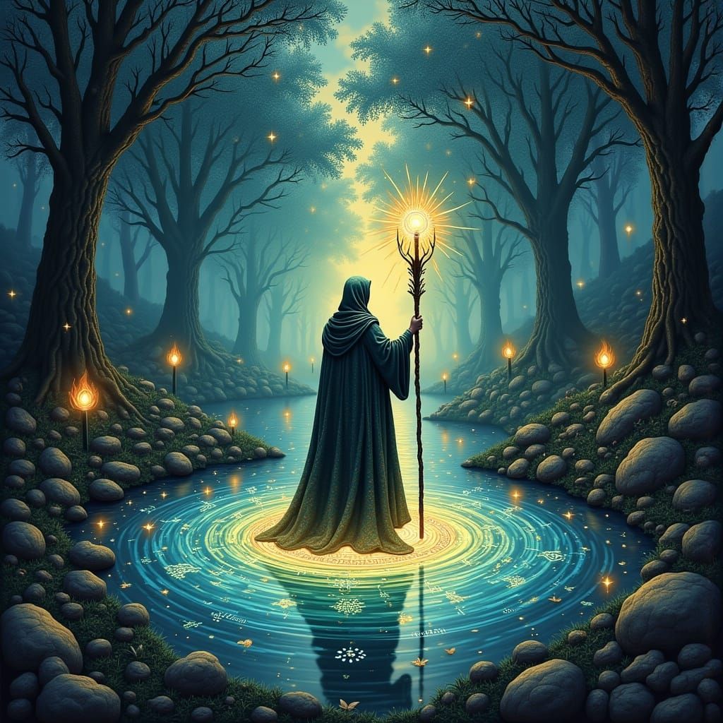 Mystical Glowing Forest with Wizard in Fantasy Style