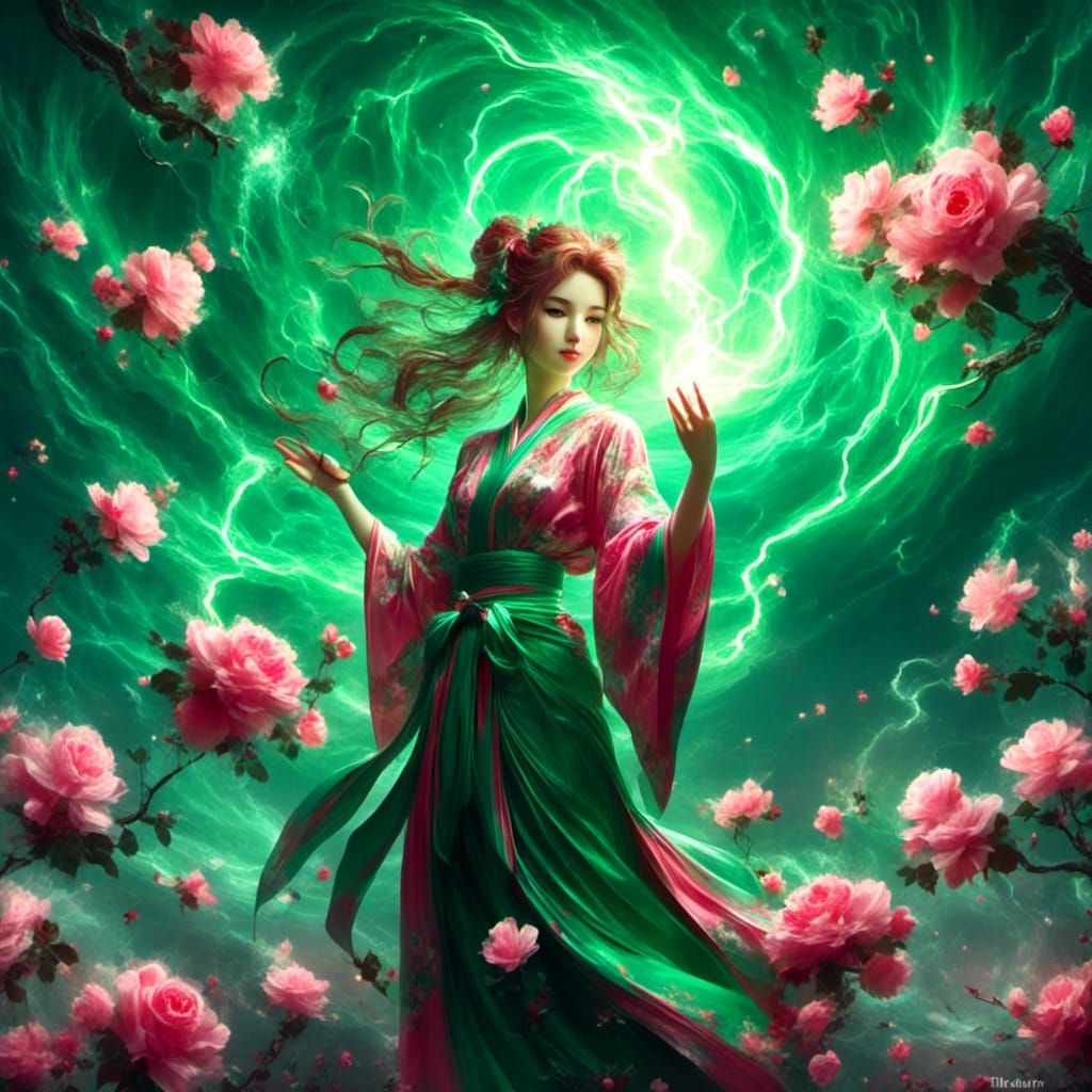 <lora:Magical Beauties:1.0> <lora:Wild Storm:1.0> Fairy Sailor Jupiter (auburn hair in pony-tail) wearing a green kimono...