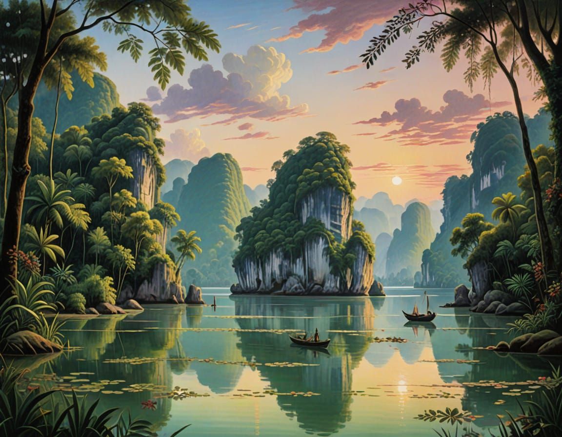 Tropical Bay at Sunrise with Limestone Karsts and Golden Lig...