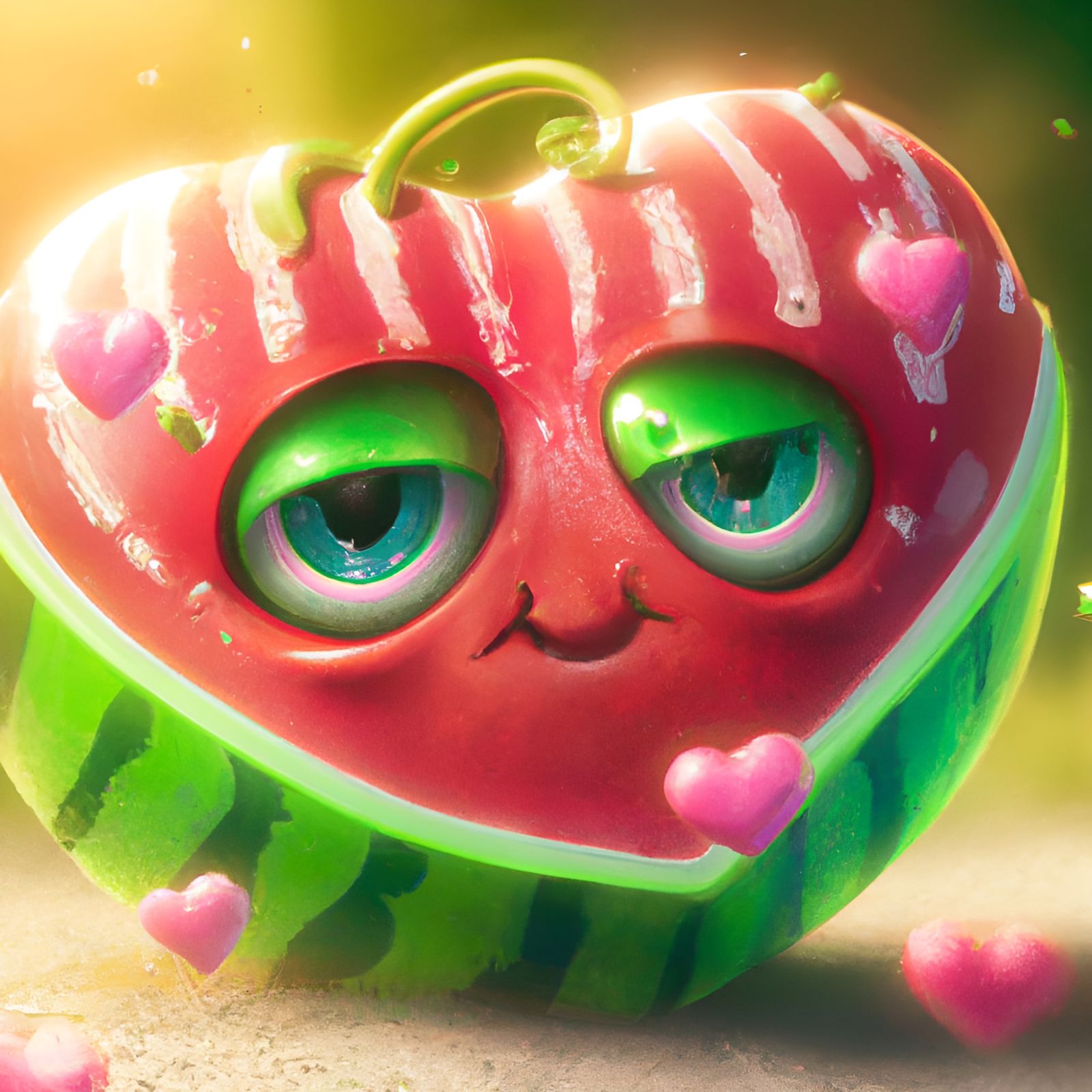 Adorable Watermelon Surrounded by Hearts in 3D