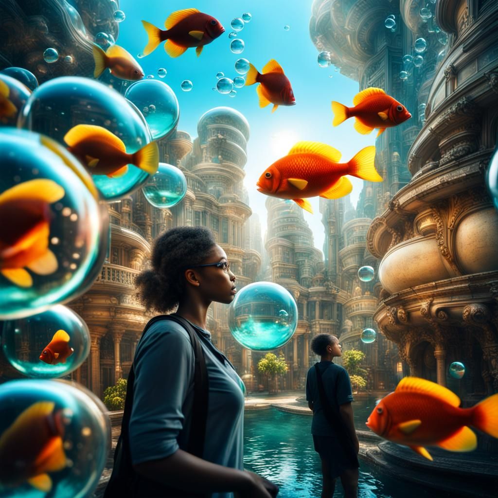 Hyperrealistic Frutiger Aero Cityscape with Bubbles