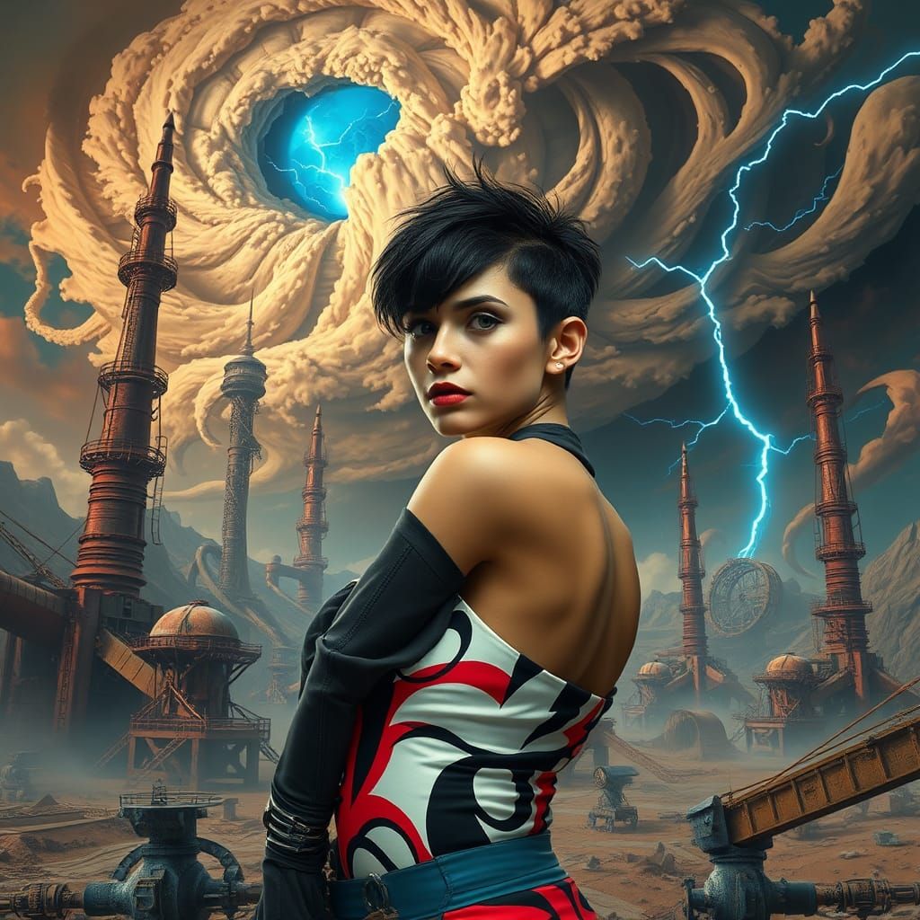 Industrial Woman in Jovian Landscape: Digital Matte Painting