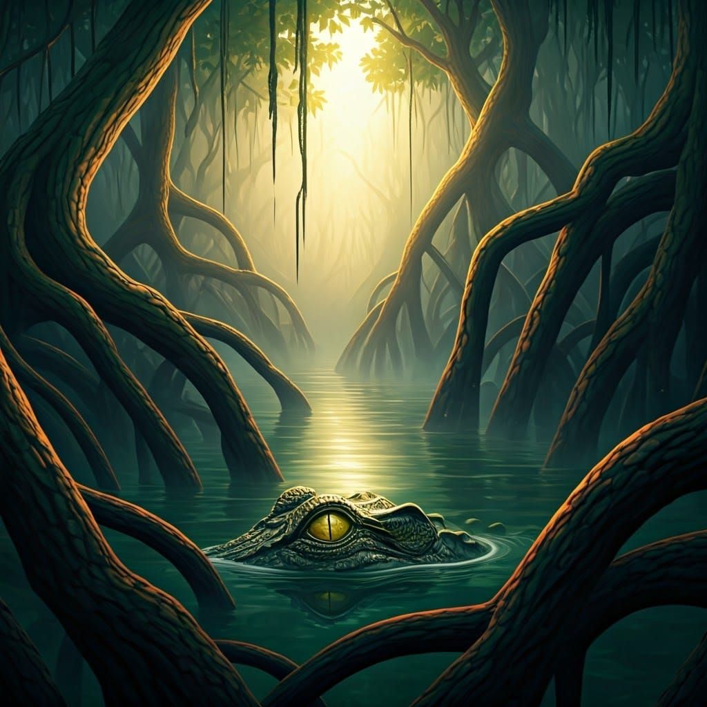 Crocodile Eye Emerges in Misty Mangrove Swamp